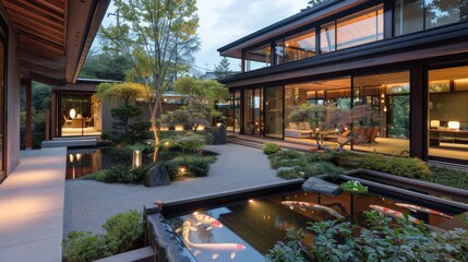 Fototapeta premium Beautiful landscaped garden in a modern house with a lake.