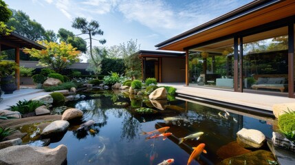 Koi fish swimming in the pond with modern style house exterior.