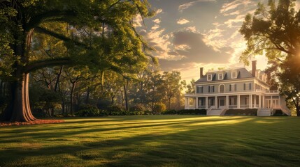 Obraz premium 3d rendering of a classic american house in the park at sunset