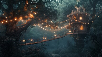 Mystical forest with wooden bridge and lanterns. 3D rendering