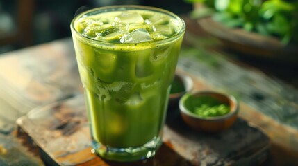 A refreshing image of a chilled glass of iced matcha latte, its vibrant green color and earthy flavor promising a unique and energizing beverage experience