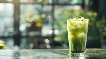 A refreshing image of a chilled glass of iced matcha latte, its vibrant green color and earthy flavor promising a unique and energizing beverage experience