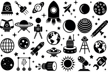 Space & Astronomy related concept  such as planet, star, moon, telescope & many more editable stroke outline icons isolated on white background flat vector illustration