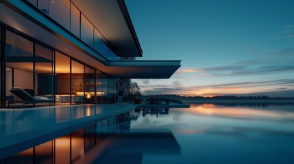 Modern office building exterior with reflection in water at sunset. 3d rendering