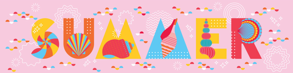 Abstract summer background with lettering decorated with various seashell. Creative marine geometric backdrop with geometric letters, shells and design elements in Memphis style. 