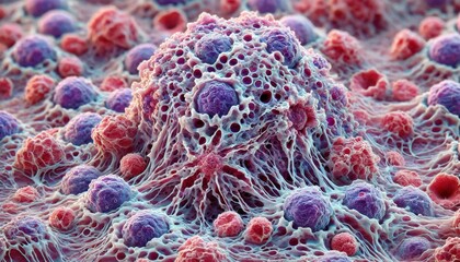 Highly Detailed Microscopic Image of Cancer Cells Showing Tumor Growth and Cellular Structure in Vivid Colors for Scientific Analysis