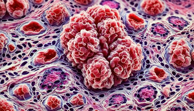 Highly detailed microscopic image of human tissue with cancerous growths, showing intricate cellular structures and tumor formations