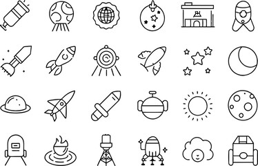 Space & Astronomy related concept  such as planet, star, moon, telescope & many more editable stroke outline icons isolated on white background flat vector illustration
