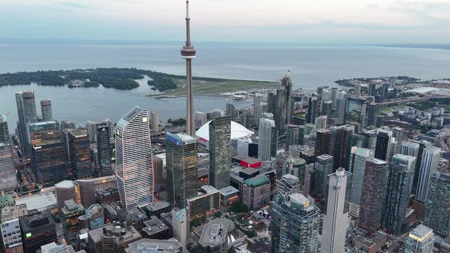 Bird eye sunset view of Toronto Waterfront, Billy Bishop City Centre Airport on Toronto Island, Marina and Cityplace Condos