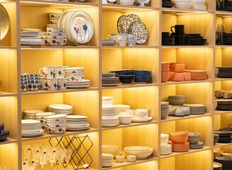 Shelves with kitchen utensils. Cups and plates on the shelf.