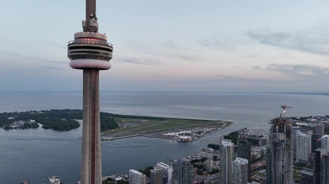 Aerial sunset view of Toronto skyline of fesidential condos, Lake Ontario, Waterfront and the Gardiner Expressway
