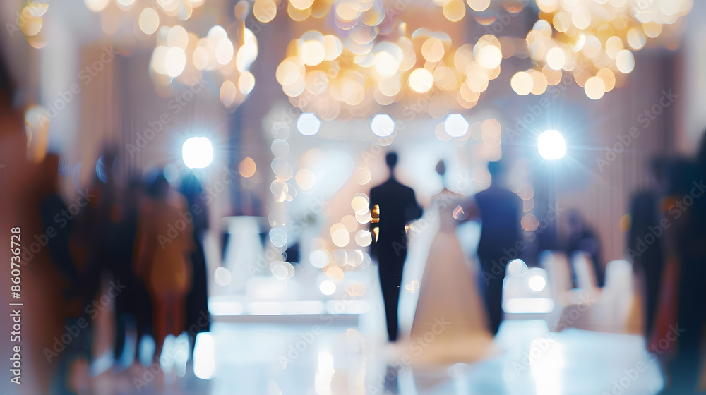 Poster blur image of wedding party  in large hall for background usage : Generative AI