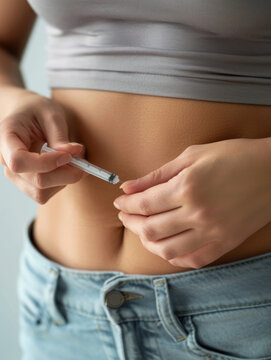 Woman's hands and injecting insulin into the belly for diabetes close-up. A woman gives an insulin injection
