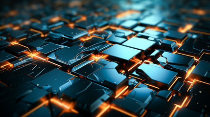 Fototapeta premium A close-up digital abstract landscape with glowing orange lines running through blue and black cubes, creating a futuristic and dynamic scene