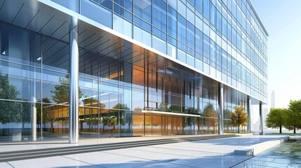 Obraz premium 3d render of modern office building with glass facade and windows.