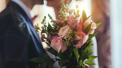 flowers bouquet with blurred LGBT gay bride an groom in wedding ceremony selective focused : Generative AI