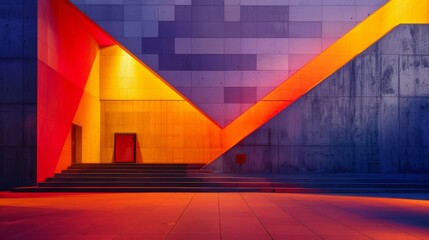 Interior of a modern building with red and blue neon lights.