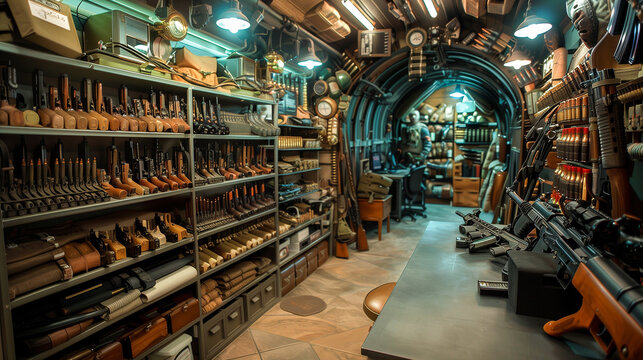 An organized collection of firearms and ammunition is displayed on shelves and tables in a basement gun room. The rooms curved ceiling adds a unique touch to the scene