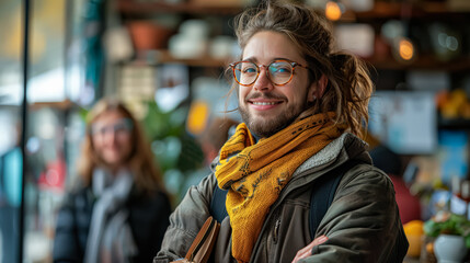 Obraz premium A man with glasses and a scarf is smiling at the camera. He is wearing a brown jacket and a backpack