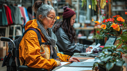Obraz premium A woman in a wheelchair is sitting at a desk with a laptop and a notebook. She is wearing a yellow jacket and a scarf. Another woman is sitting at the desk next to her, also working on a laptop