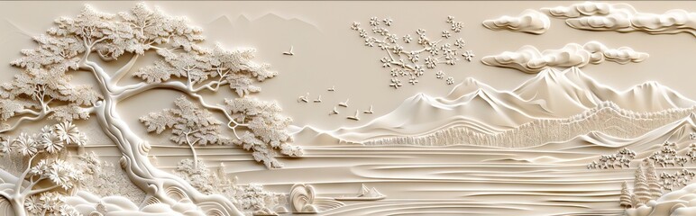 Beautiful sakura tree and mountain 3d relief wallpaper. Mural wallpaper. Wall art. AI generated illustration.