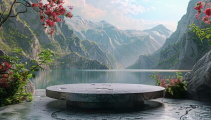 Stone Platform Overlooking Serene Mountain Lake With Blooming Flowers