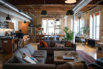 Interior of a modern coffee shop with a comfortable sofa in the foreground