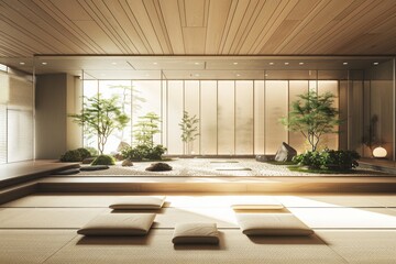 3d rendering of japanese style living room with tatami mat