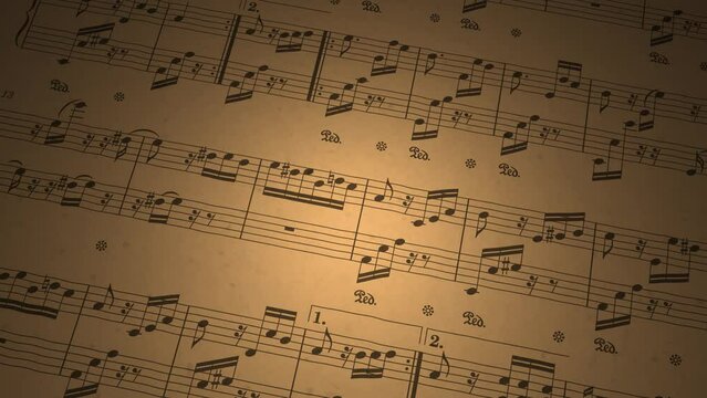 Sheet music flyover. Dramatic view of Beethoven manuscript on vintage paper under orange light