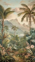 Tropical forest landscape wallpaper design - Mural wallpaper - 3D illustration. AI generated illustration