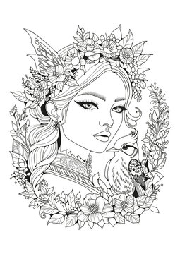 recommend clip art: Coloring page with a picture of a girl and a bird. Art therapy for children and adults. Art line. Illustration for coloring.