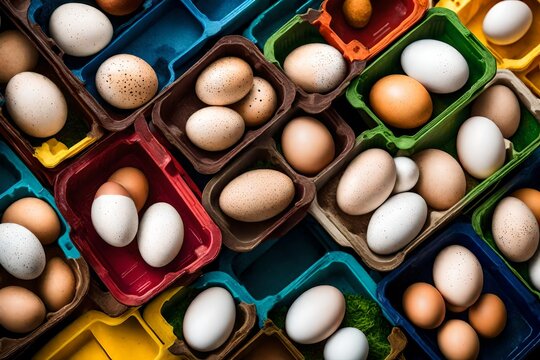 different categories of eggs in multi-colored trays on top of each other