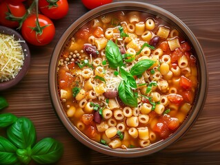 Pasta e Fagioli Soup with Fresh Basil and Tomato Garnish, Highlighting Italian Flavors