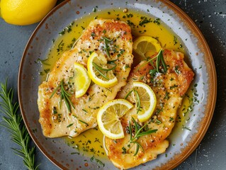 Pan-Seared Scaloppine Al Limone, Glazed with a Citrus Sauce and Garnished with Lemon Slices