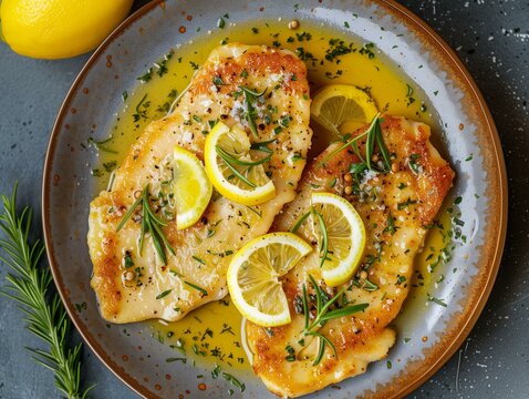 Pan-Seared Scaloppine Al Limone, Glazed with a Citrus Sauce and Garnished with Lemon Slices