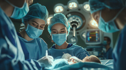 a team of surgeons and nurses with newborn baby in operation at hospital