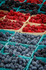Various berries at the farmers market including blueberries, raspberries, and blackberries