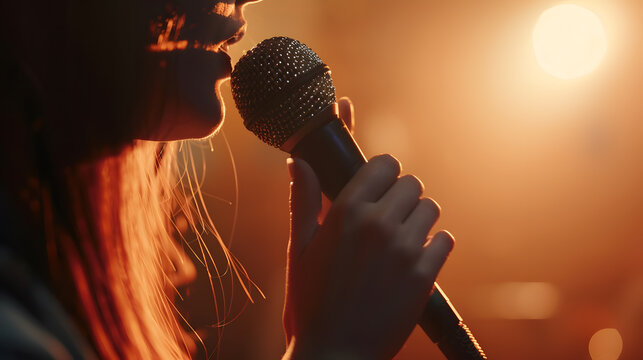 Close up of a caucasian woman holding a microphone during a musical performance in the interior of a church or rustic space Horizontal image : Generative AI