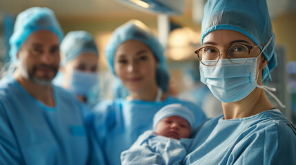 a team of surgeons and nurses with newborn baby in operation at hospital