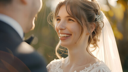 Happy mid adult bride in wedding dress looking at groom : Generative AI