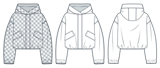 Hooded Jacket technical fashion Illustration. Nylon Jacket, Raincoat fashion flat technical drawing template, pocket, oversize, front and back view, white, gray, women, men, unisex CAD mockup set. © Liubov Hladka
