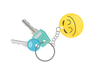 Door keys for home access hanging on ring with keychain in shape of cute smiley face emoticon
