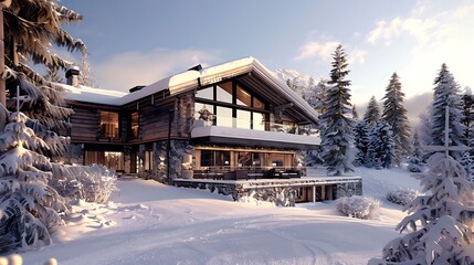 alpine ski chalet with a facade made of local wood, designed to blend into the snowy landscape while providing cozy, warm interiors