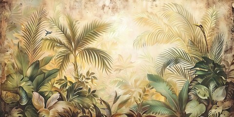 Modern wallpaper. Watercolor jungle illustration. Crane bird elements, watercolor painting wallpaper. Mural wallpaper. AI generated illustration