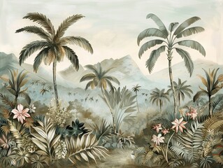 Tropical forest landscape wallpaper design - Mural wallpaper - 3D illustration. AI generated illustration