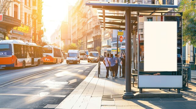 Blank mock up billboard on city street at bus stop, sunrise - Powered by Adobe