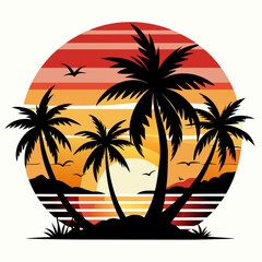 Beach with black palms tree silhouette and sunset, vector, T-Shirt Design Vector Art, white backgroundvector illustration