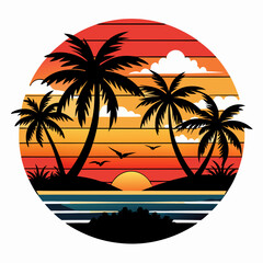 Beach with black palms tree silhouette and sunset, vector, T-Shirt Design Vector Art, white backgroundvector illustration