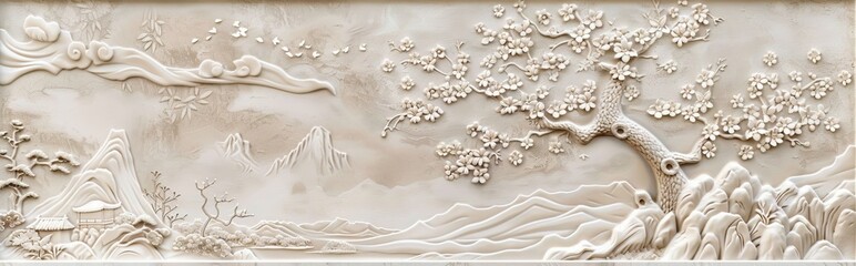 Beautiful sakura tree and mountain 3d relief wallpaper. Mural wallpaper. Wall art. AI generated illustration.