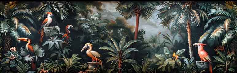 Illustration of tropical wallpaper print design with palm banana leaves and exotic birds on canvas texture. Tropical plants and birds on textured background. AI generated illustration